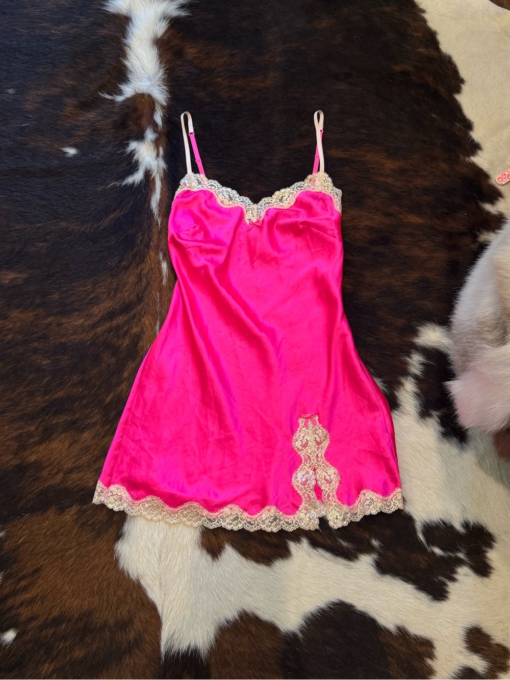 Victoria's Secret Hot Pink Chemise with Cream Lace Trim
